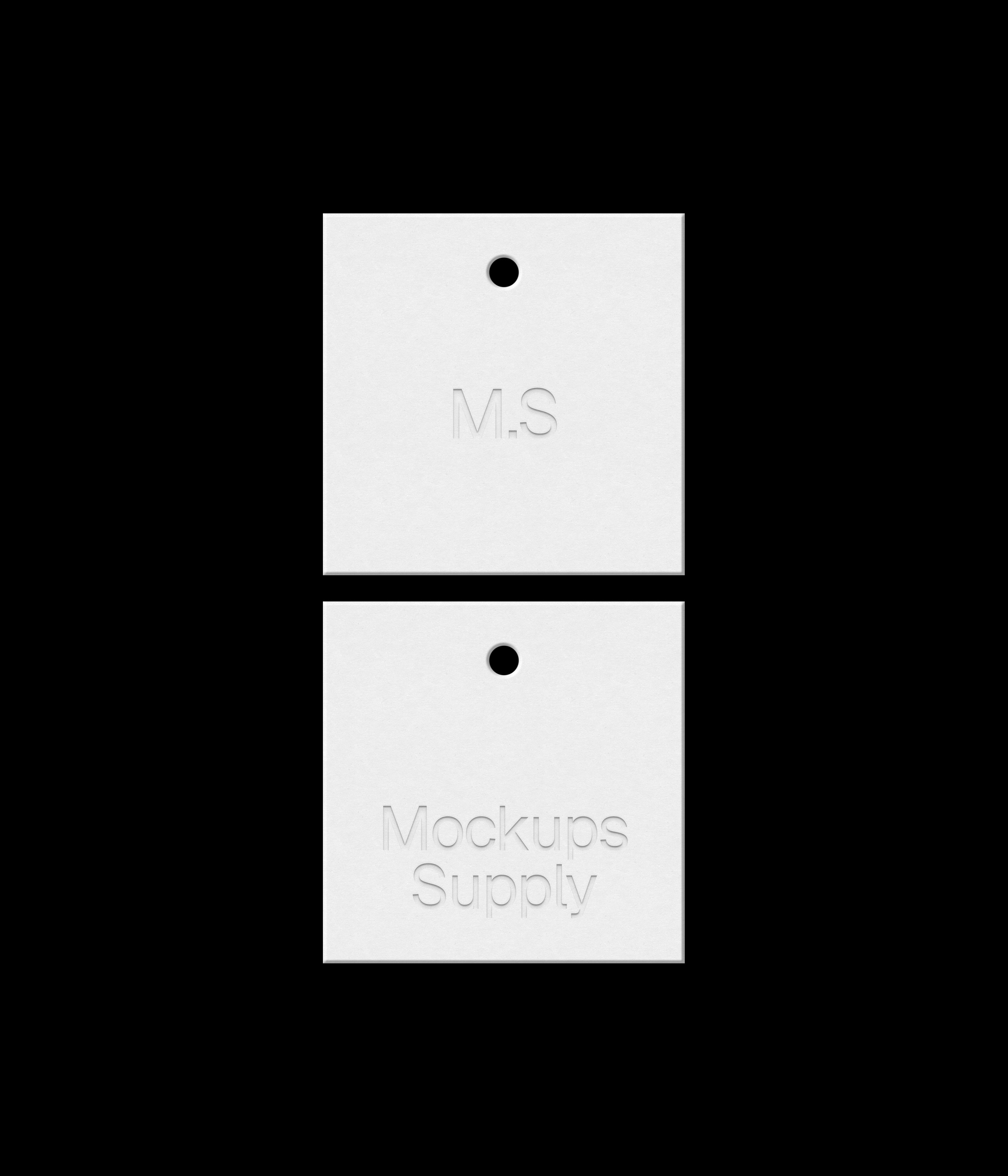 Two square white hang tags mockup on black background with debossed text effect for Photoshop download psd
