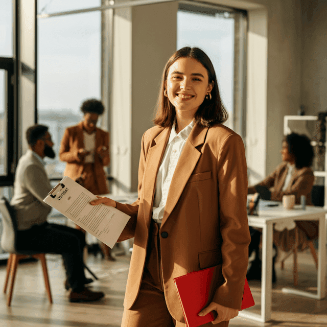 Smiling businesswoman in a beige blazer holding documents in a bright office with colleagues in the background