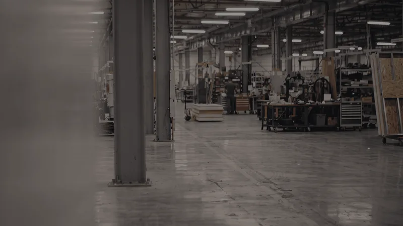Interior of the empty Therm-O-Disc plant: a long concrete factory floor with structural columns, overhead lighting and idle workbenches