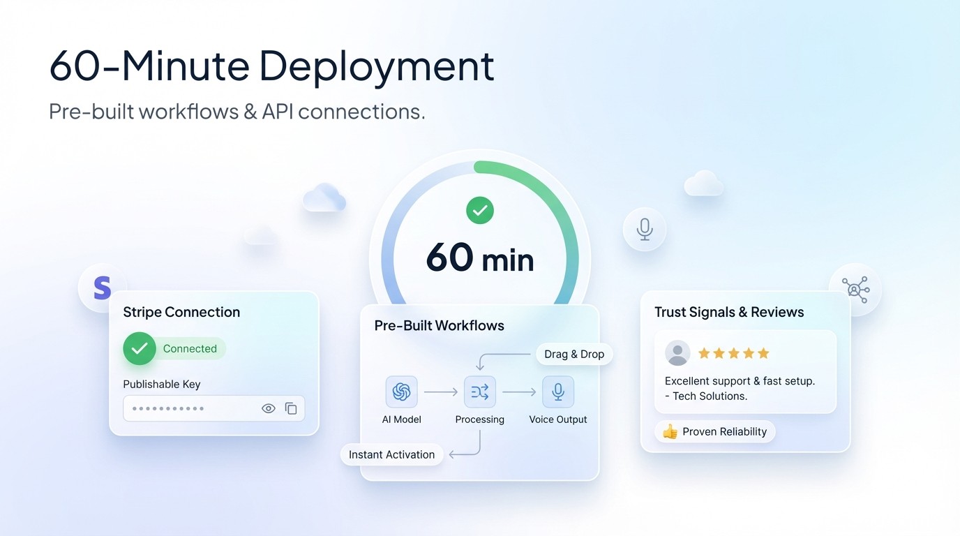 60-minute voice AI deployment with pre-built workflows, instant API connections, and drag-and-drop configuration | VoiceAIWrapper