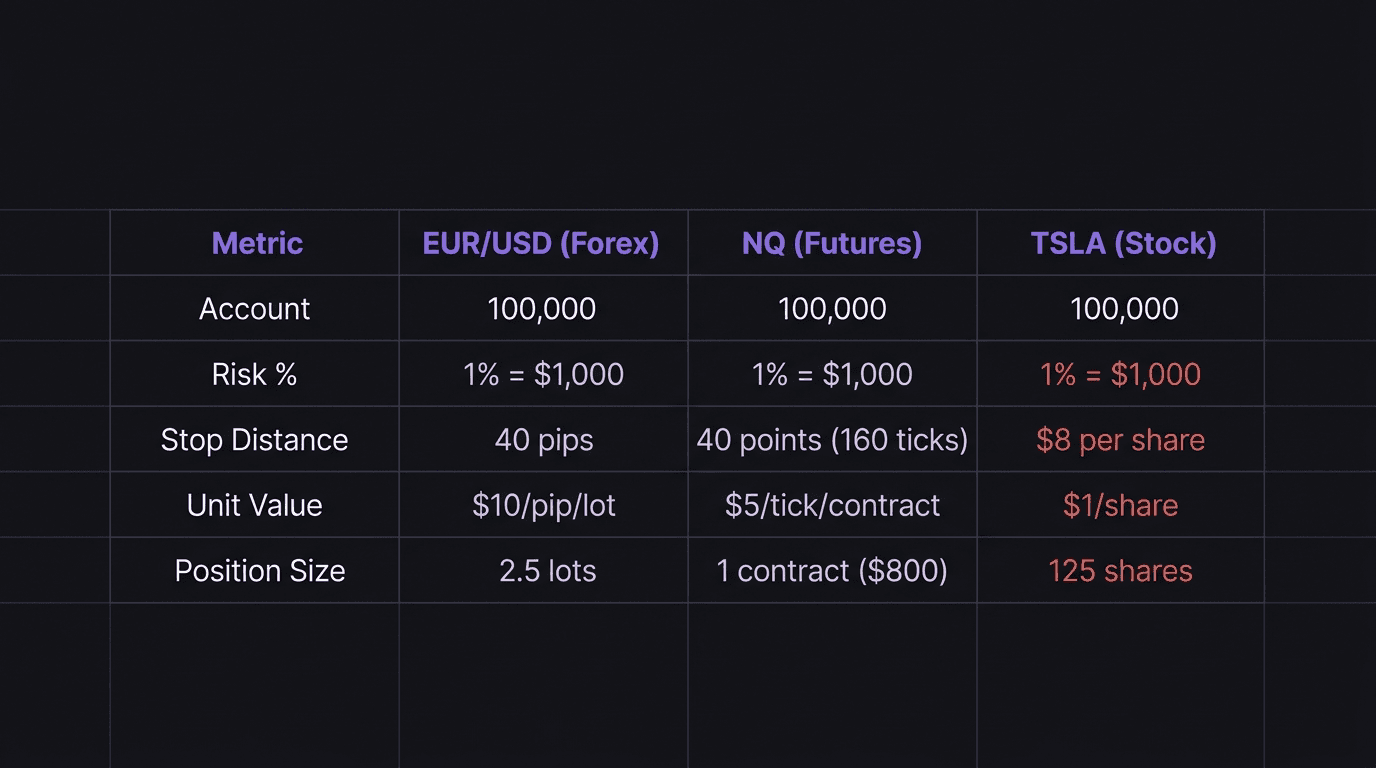 Comparison table showing position sizing calculations for EUR/USD forex, NQ futures, and Tesla stock all at 1% risk