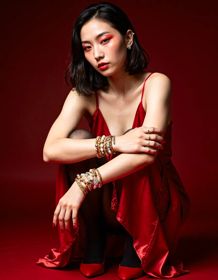 Woman in red silk dress with bold red makeup and gold jewelry against deep red background for fashion editorial shoot