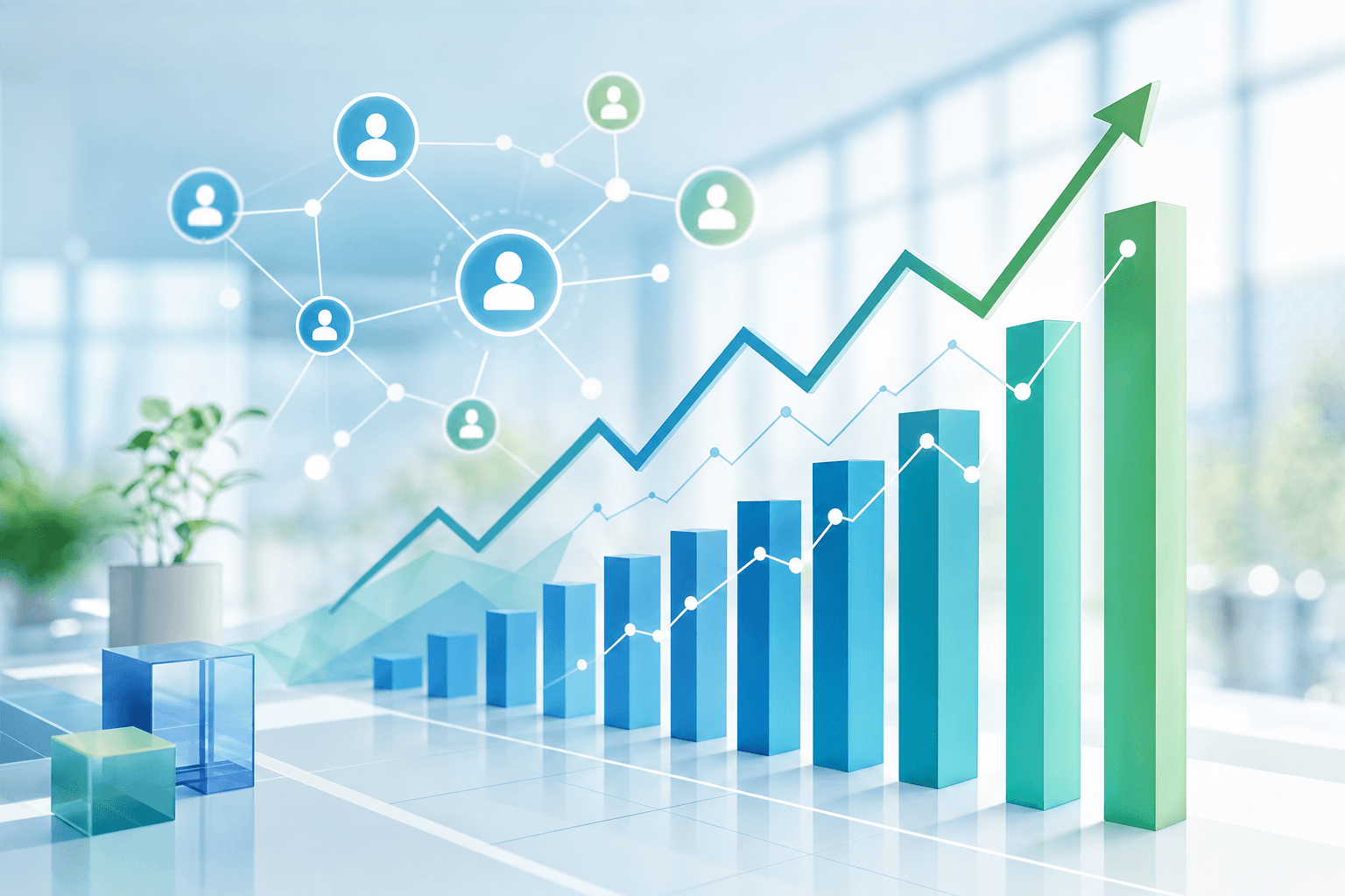 A clean, modern business illustration showing upward trending performance metrics and growth. Visual elements include ascending bar charts, line graphs with positive trajectories, and interconnected nodes representing employee engagement and business success. Professional color palette with blues and greens, minimalist style, corporate setting with abstract data visualization elements floating in a bright workspace environment.