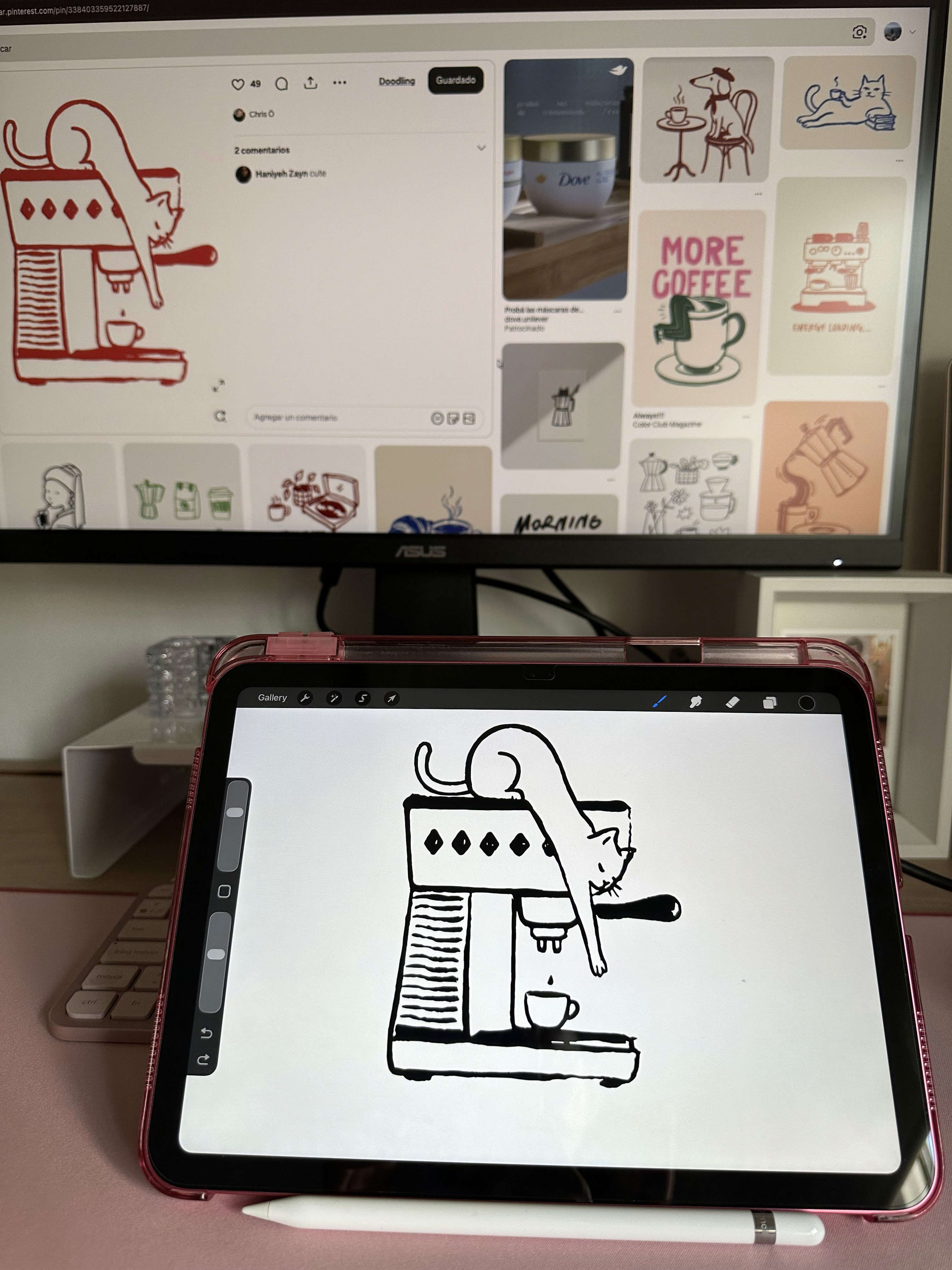 An iPad showing a hand-drawn illustration of a cat with a coffee machine.
