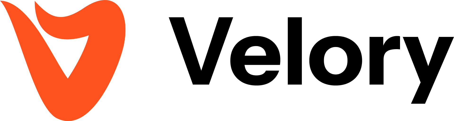 Velory logo with an orange abstract symbol.