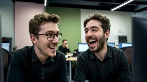 Deux collègues de bureau riant aux éclats devant un écran d'ordinateur, illustrant la complicité, les amitiés et les échanges informels au sein d'une équipe de travail en open-space.