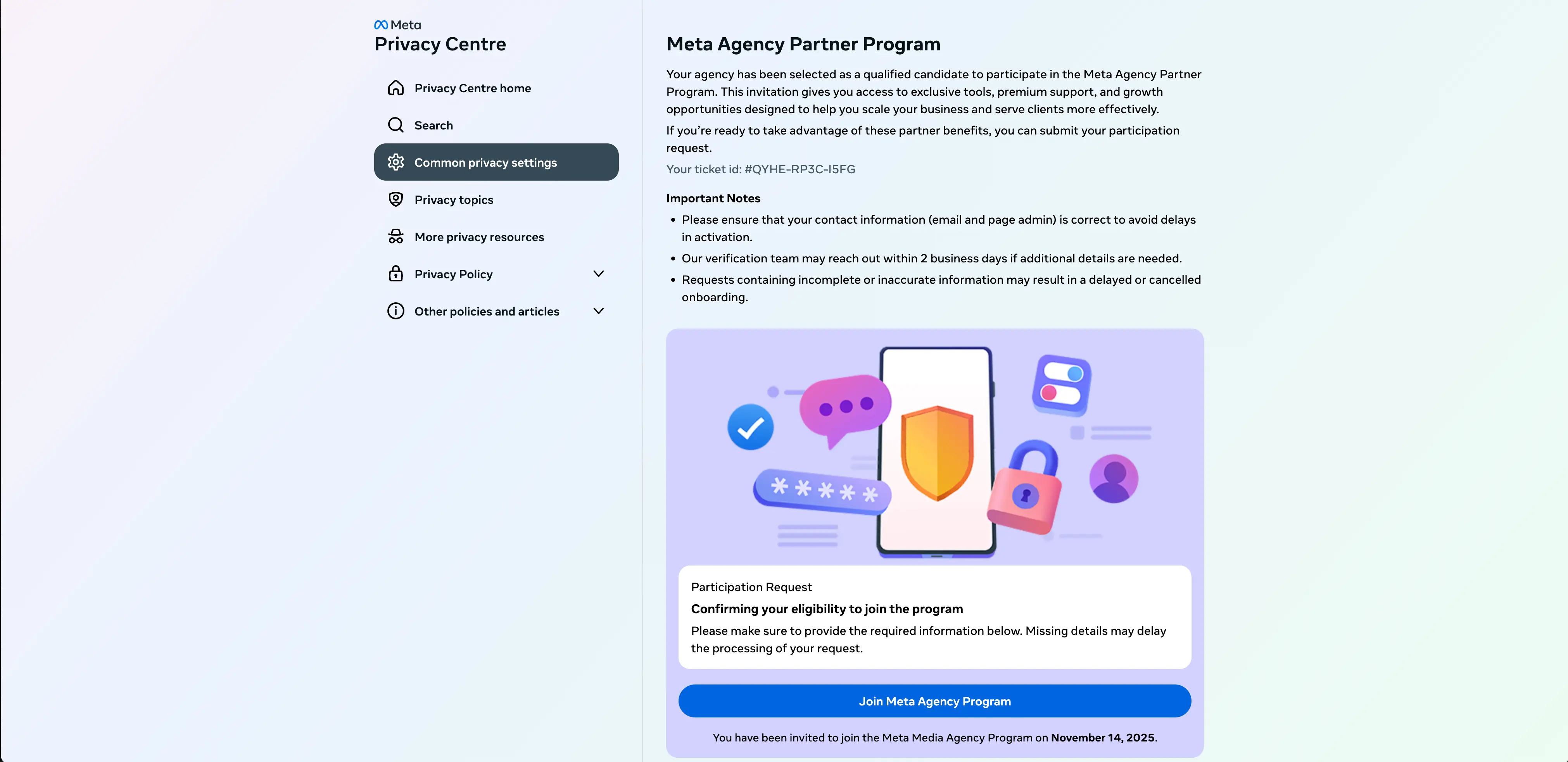The off-domain landing page, built from a real Meta “Privacy Centre” template and dressed up as an agency partner program before it asks for credentials.