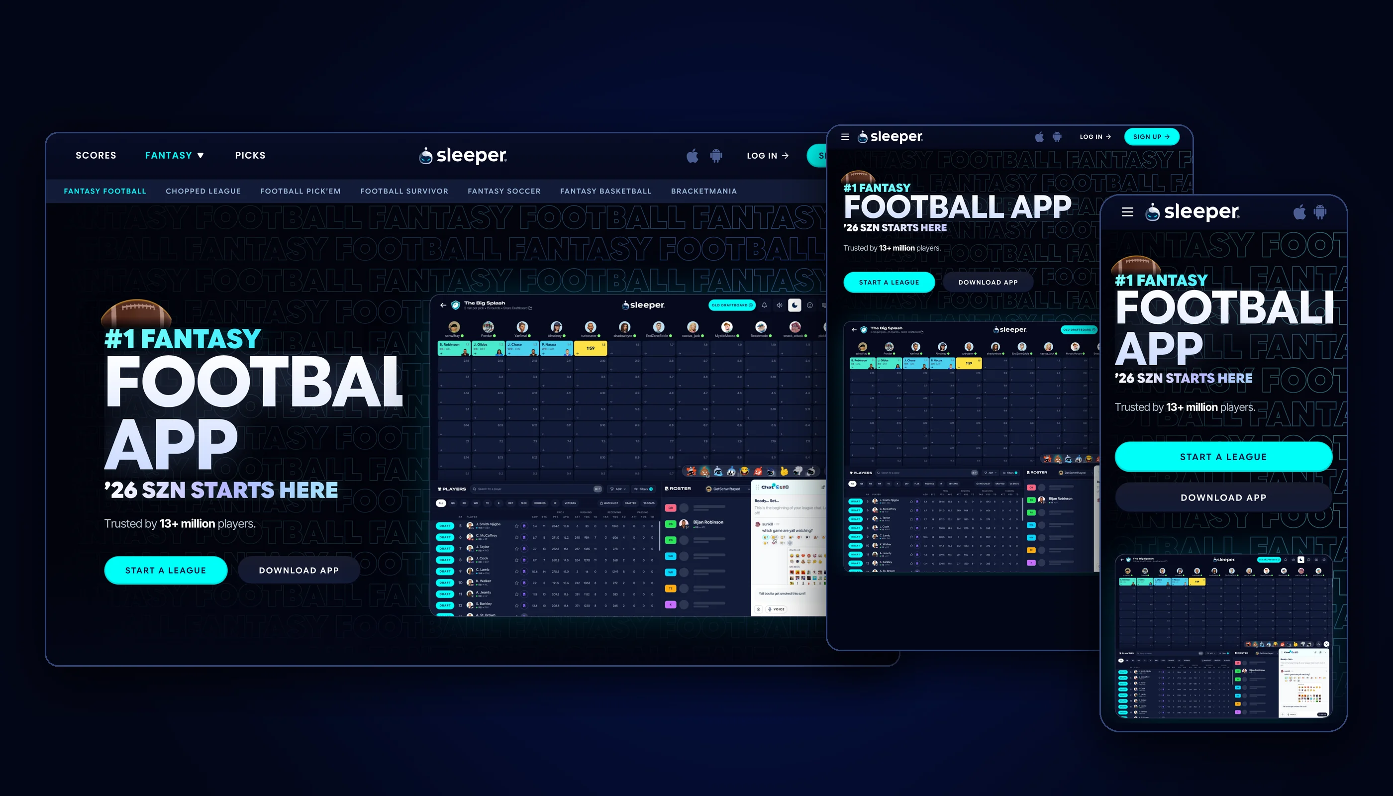 The live Sleeper Fantasy Football page on desktop, tablet and phone