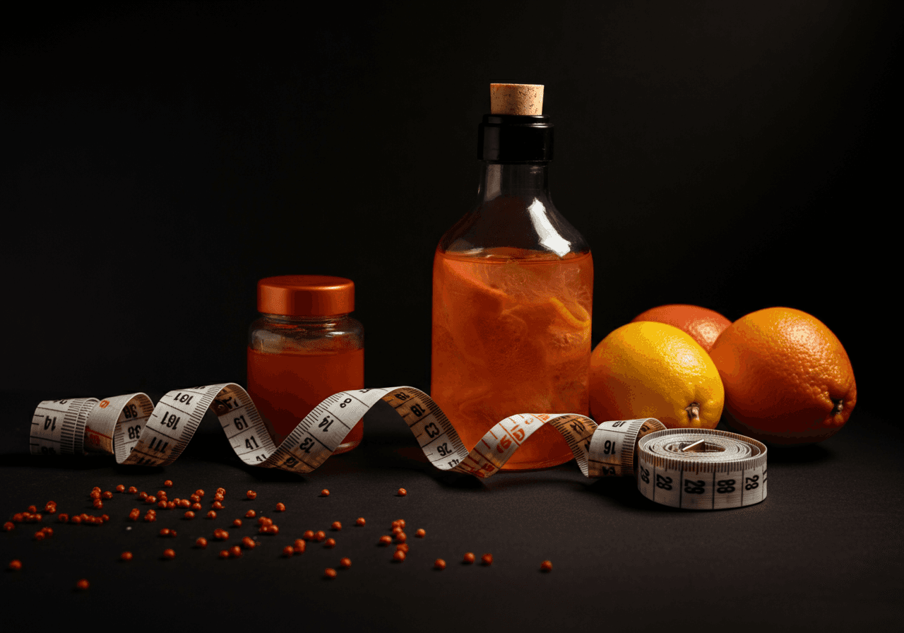 Professional photography of before-after progress tracking, measuring tape alongside citrus fruits, dark moody lighting, black background with warm copper tones, minimalist health concept, lifestyle composition, orange-red accent details