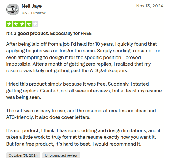 4-star EarnBetter Trustpilot review praising the free ATS-friendly resume builder after a layoff
