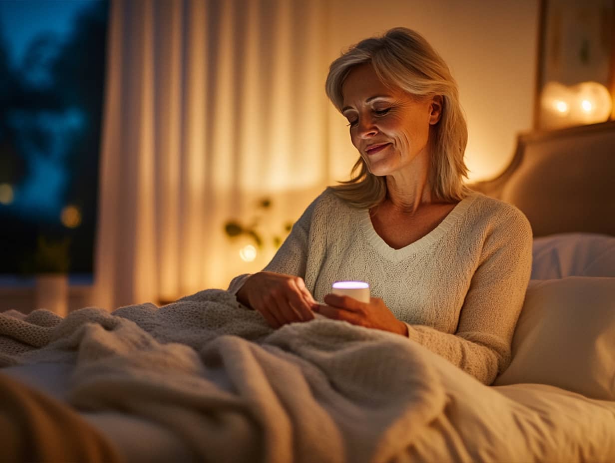 A woman in bed at night, gently smiling as she engages with her phone. The cozy, softly lit environment reflects the challenges of menopause-related sleep disruptions, highlighting the importance of managing light exposure and relaxation techniques for improving sleep health during this transitional phase.