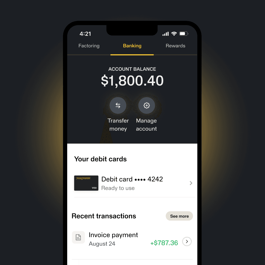 Phone screen of TruckSmarter Banking showing monthly spending reports, revenue, and profit and the TruckSmarter Debit Card