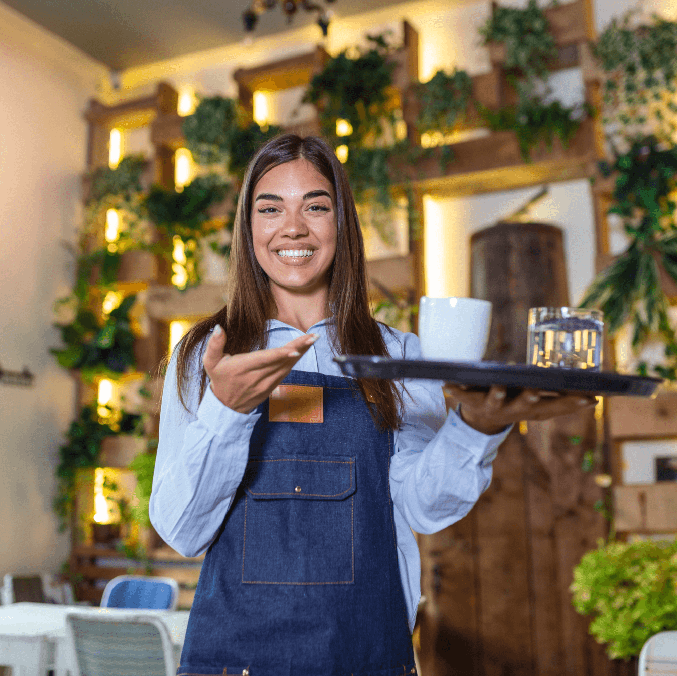 Portrait d'une serveuse accueillante présentant une boisson sur un plateau, dans un restaurant moderne à l'ambiance chaleureuse.