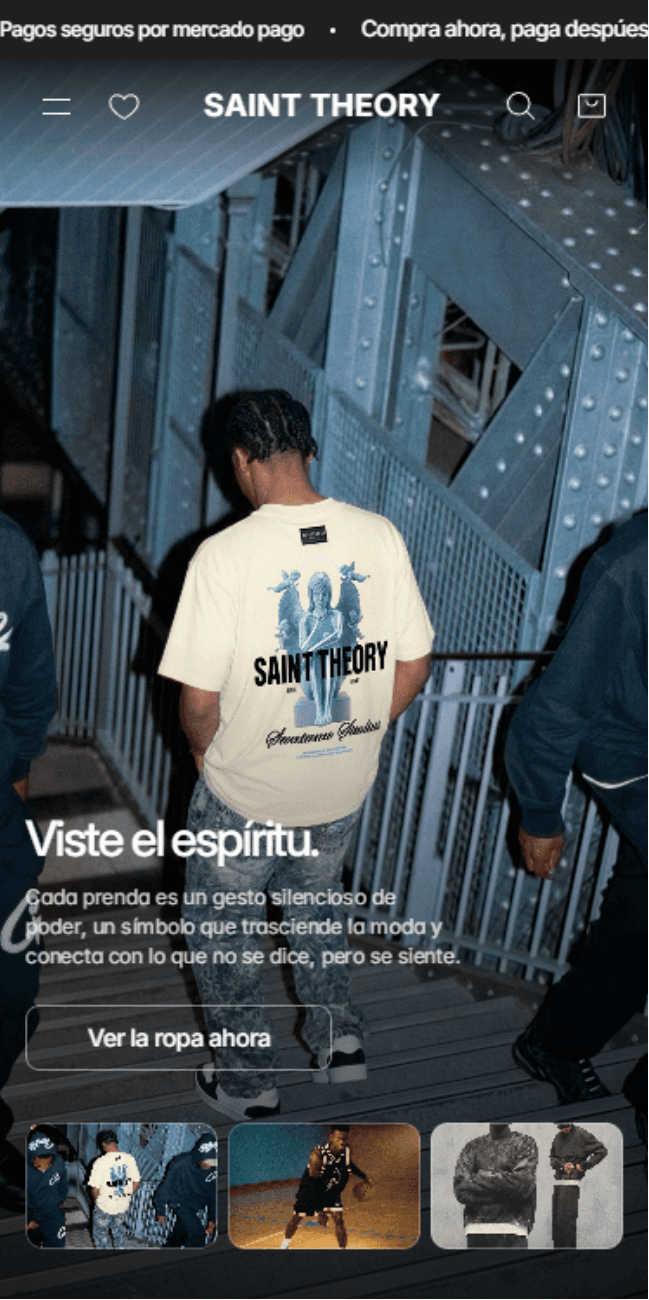 Sección inicial Página Web/Tienda en linea de Saint Theory Desarrollada por DigitDeck