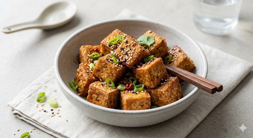 A close-up shot of a ceramic bowl filled with crispy baked tofu cubes, lightly glazed with soy sauce and garlic, garnished with sesame seeds and chopped spring onions, served on a textured linen napkin in a minimalist setting.