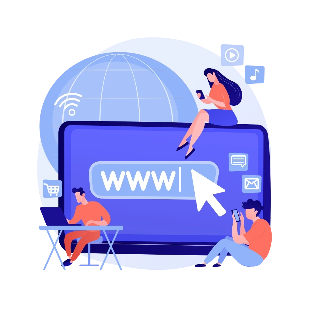 Ein großer Monitor zeigt ein Browserfenster mit der Aufschrift „WWW“ und einem Cursor, während Personen im Hintergrund Symbole für Datenanalyse, Musik und mobile Kommunikation bedienen.