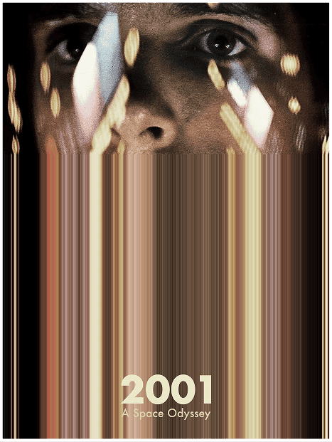 2001: A Space Odyssey poster design showing vertical color streaks with a close-up eye at the top