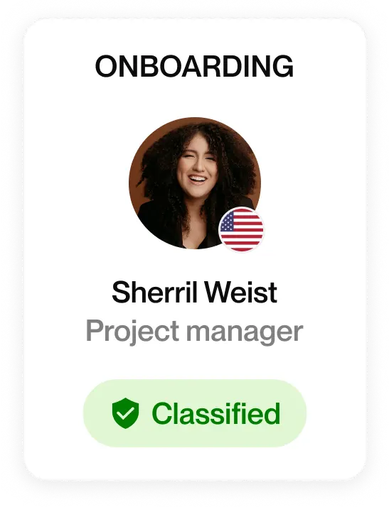 Talent card showing a talent's headshot, Project Manager, with a US flag icon indicating his nationality. A button below says "Classified".