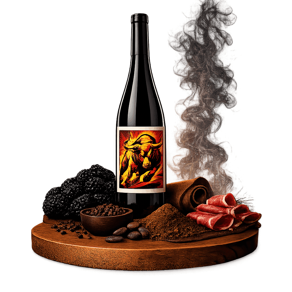 Artistic label and flavor profile for Spanish Monastrell Red on a rustic wooden table.