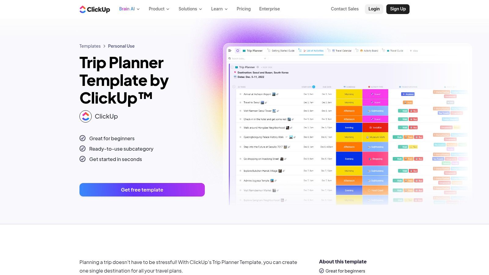 ClickUp – Trip Planner template