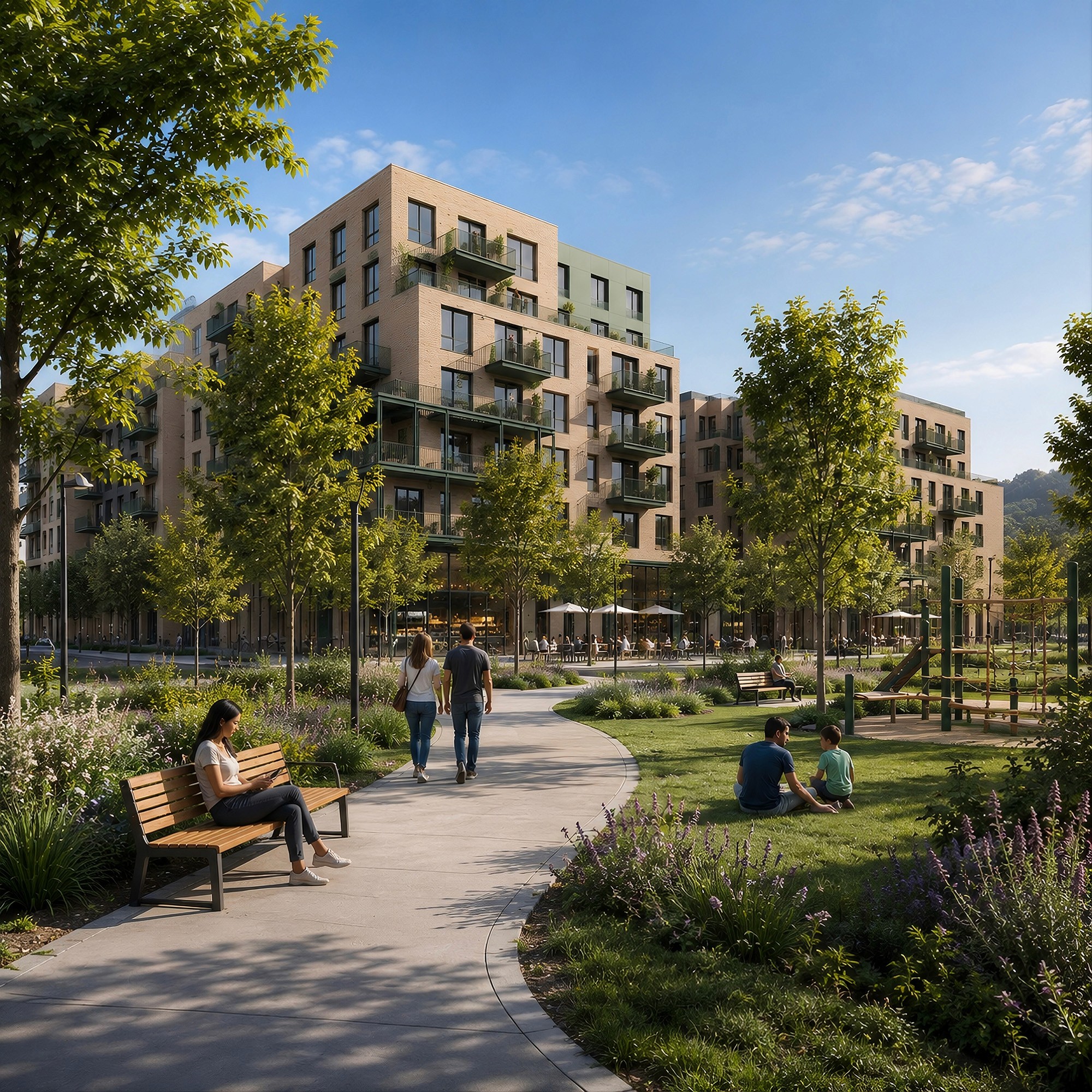 A community park featuring paved paths, benches, and a playground, surrounded by multi-story tan brick apartment buildings with green balconies.