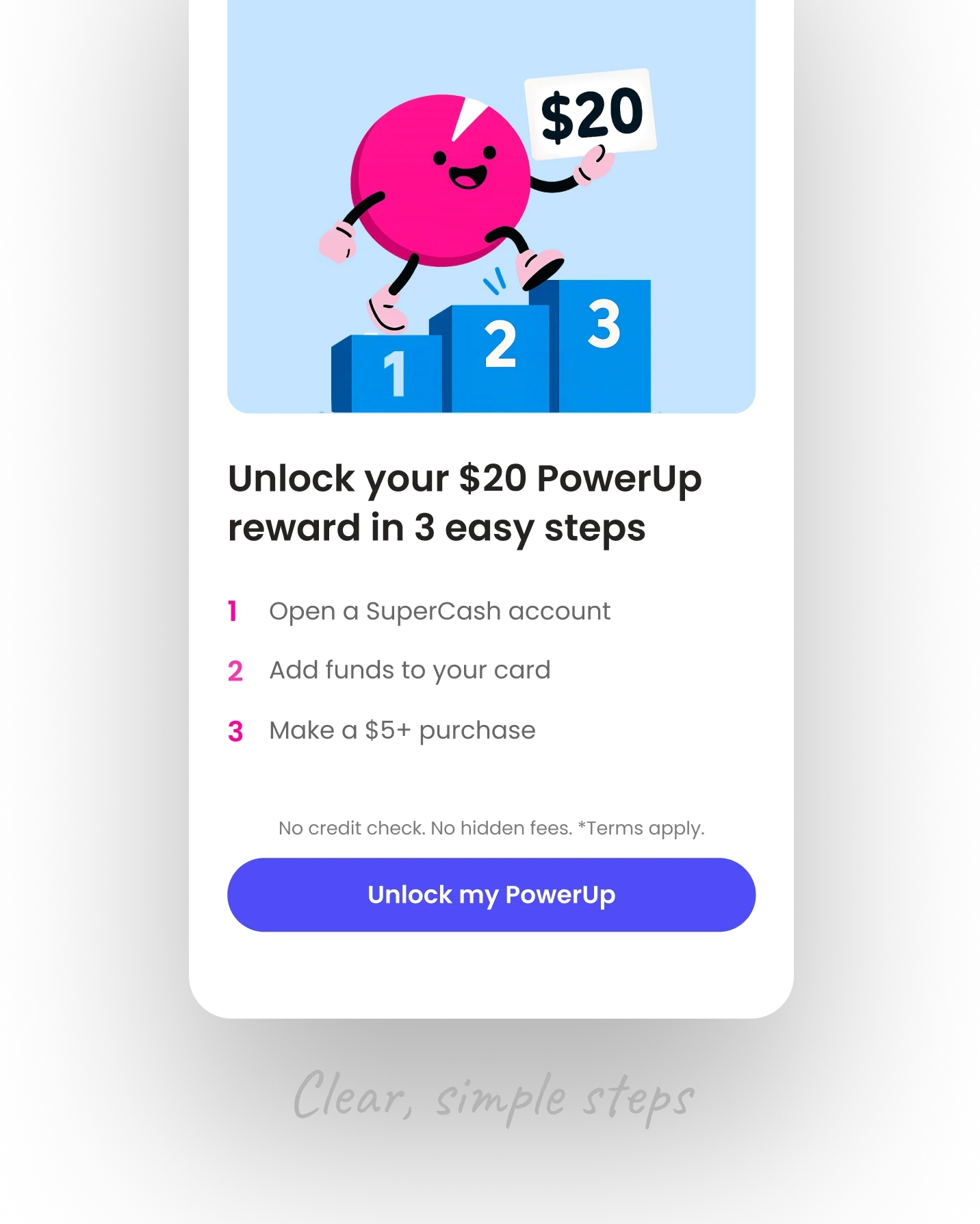 A mobile marketing screen featuring a pink character mascot stepping onto numbered podiums. The headline reads "Unlock your $20 PowerUp reward in 3 easy steps," followed by a numbered list: 1. Open a SuperCash account, 2. Add funds to your card, 3. Make a $5+ purchase. A bright purple primary button at the bottom reads "Unlock my PowerUp."