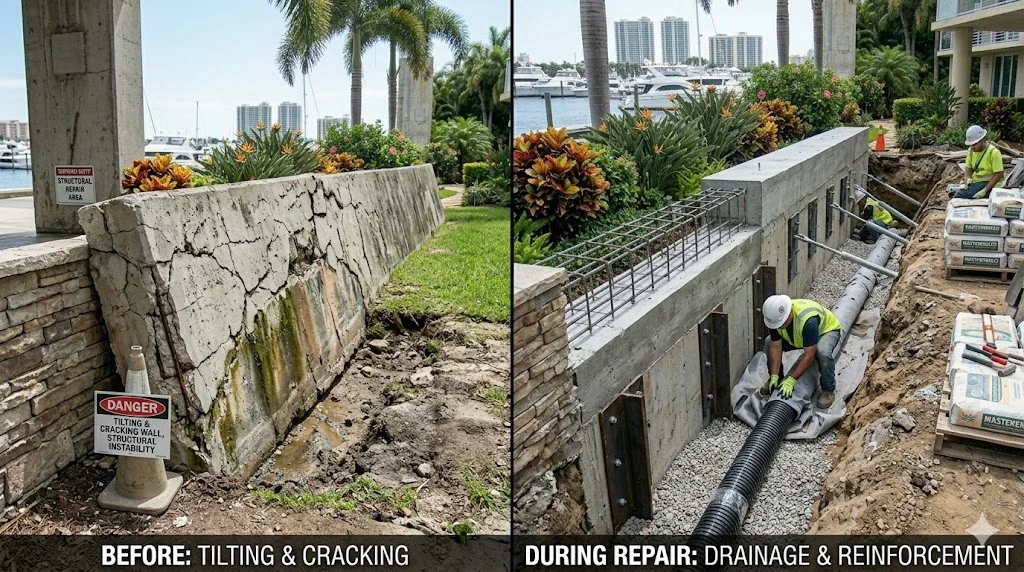 Concrete retaining wall repair and drainage restoration in Fort Lauderdale — Planet Construction FL