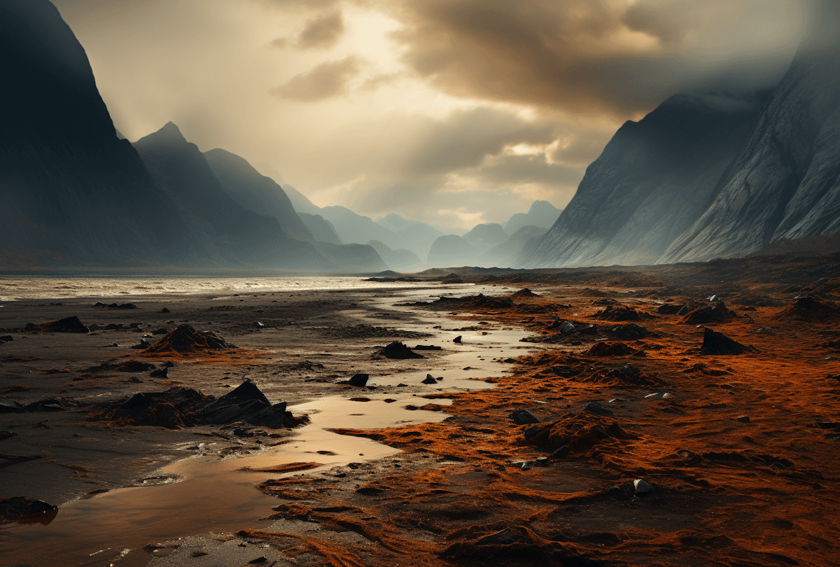 alt="Dramatic mountain landscape with warm sunset light over rocky terrain and misty peaks."