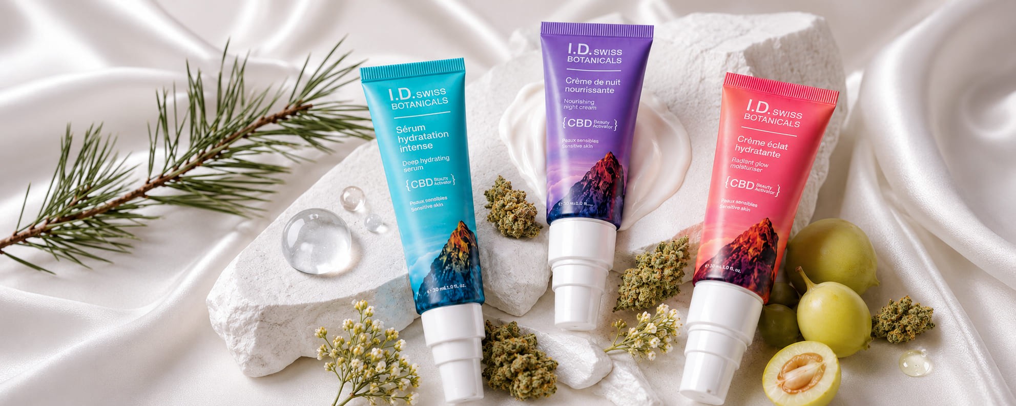 I.D. Swiss Botanicals skincare campaign visual featuring multiple products held in hands with vibrant gradient lighting expressing premium brand identity