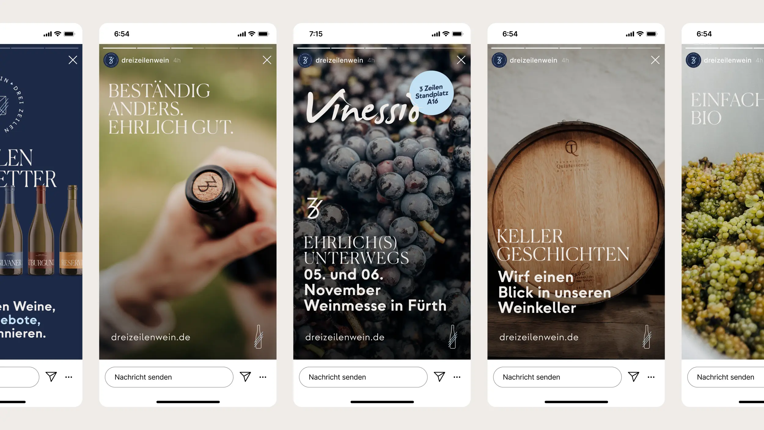 Fünf Instagram-Story-Mockups der Marke Dreizeilenwein