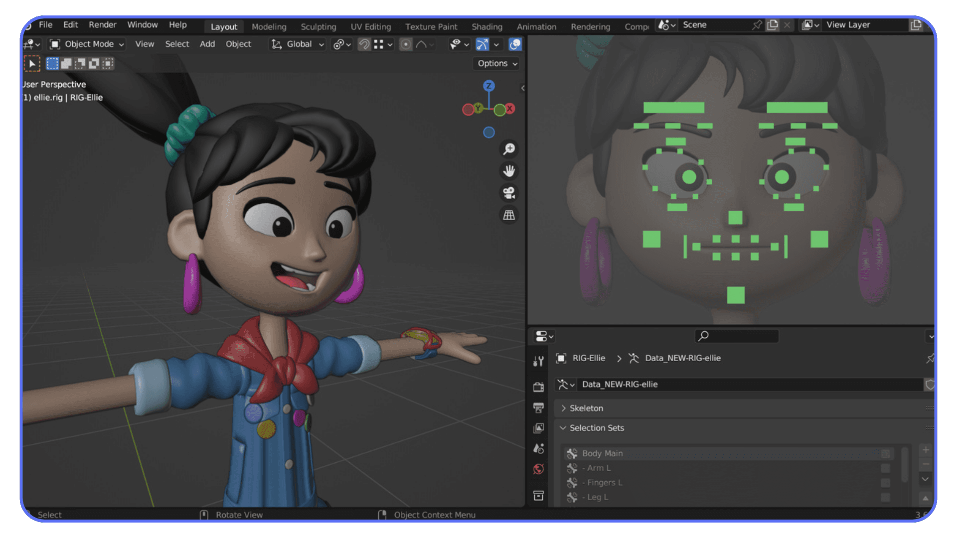 A Blender viewport showing a stylized cartoon girl character with facial rig controls displayed as green markers on a separate view.