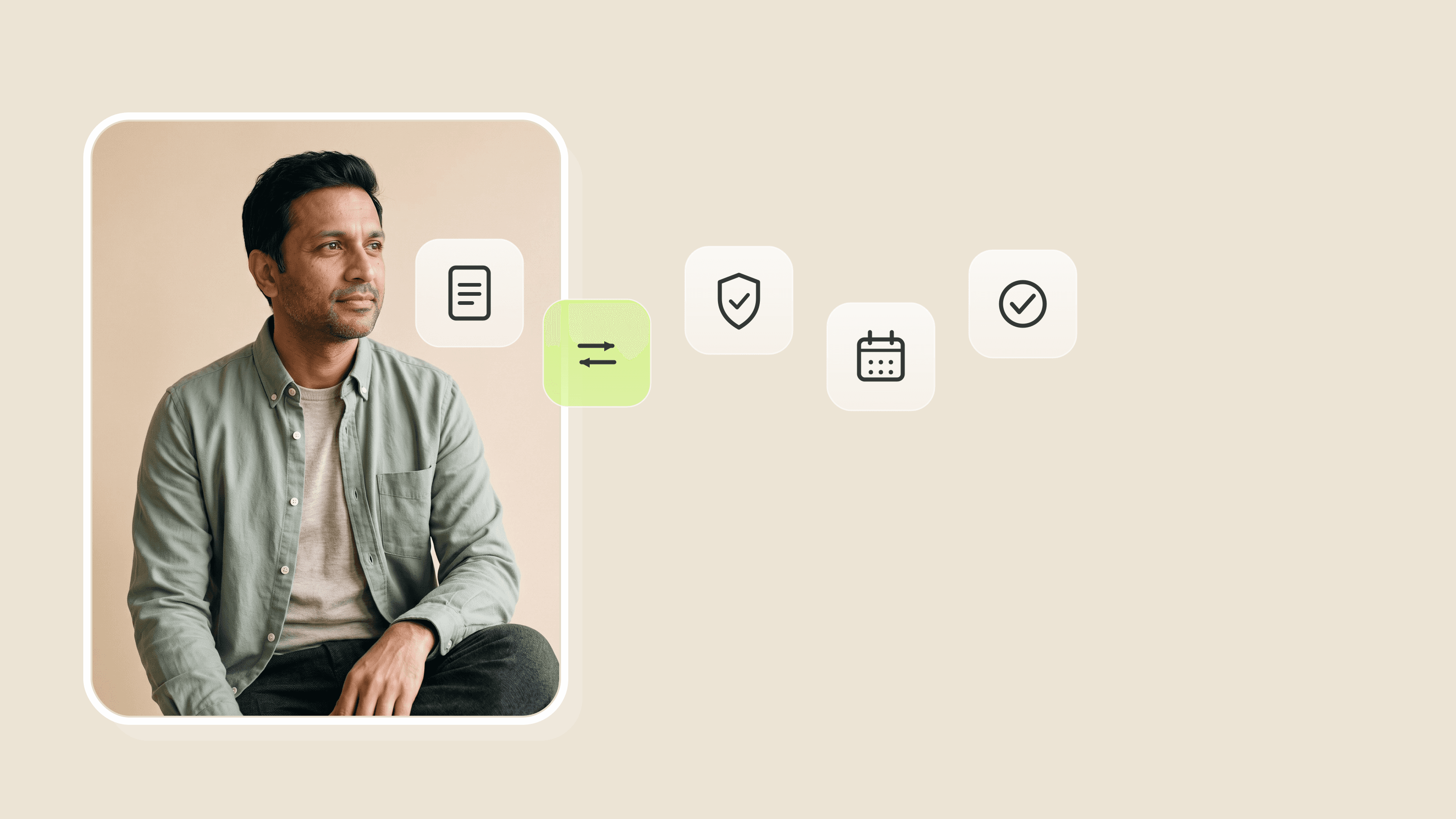 A man sits calmly in a framed portrait beside a row of frosted-glass icon tiles, a document, a switch symbol, a shield, a calendar, and a checkmark, representing the steps of switching EAP providers.