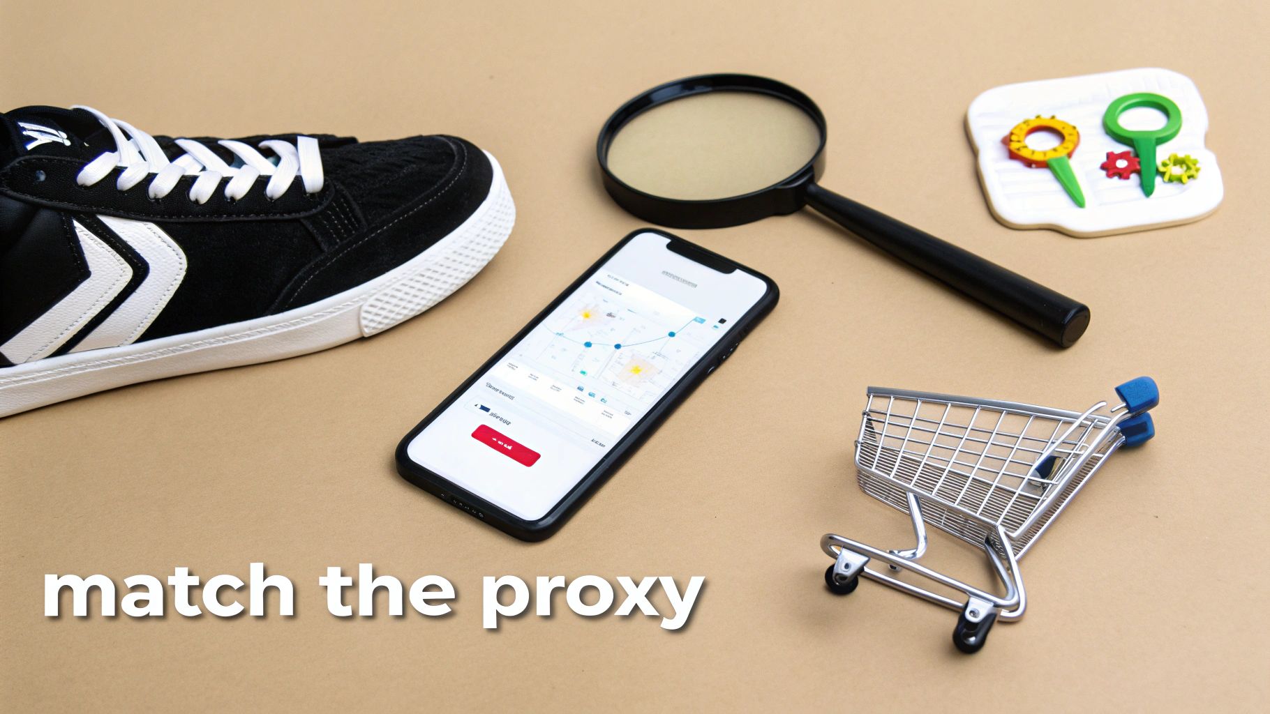 A flat lay displays a sneaker, a smartphone with a map, a magnifying glass, a shopping cart, and search tools, with 'match the proxy' text.