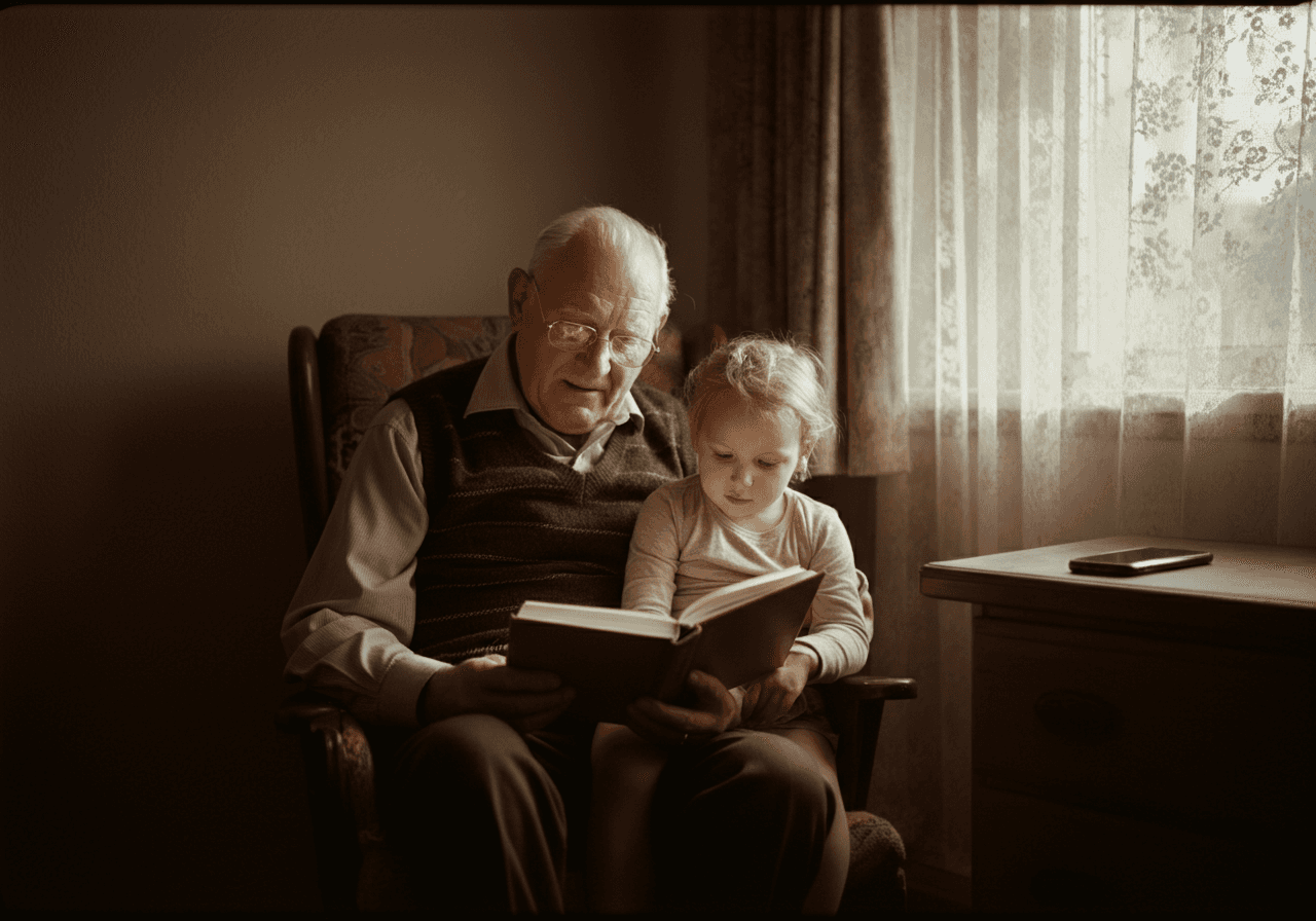 Grandfather reading a book to a child, ignoring their phone on the desk