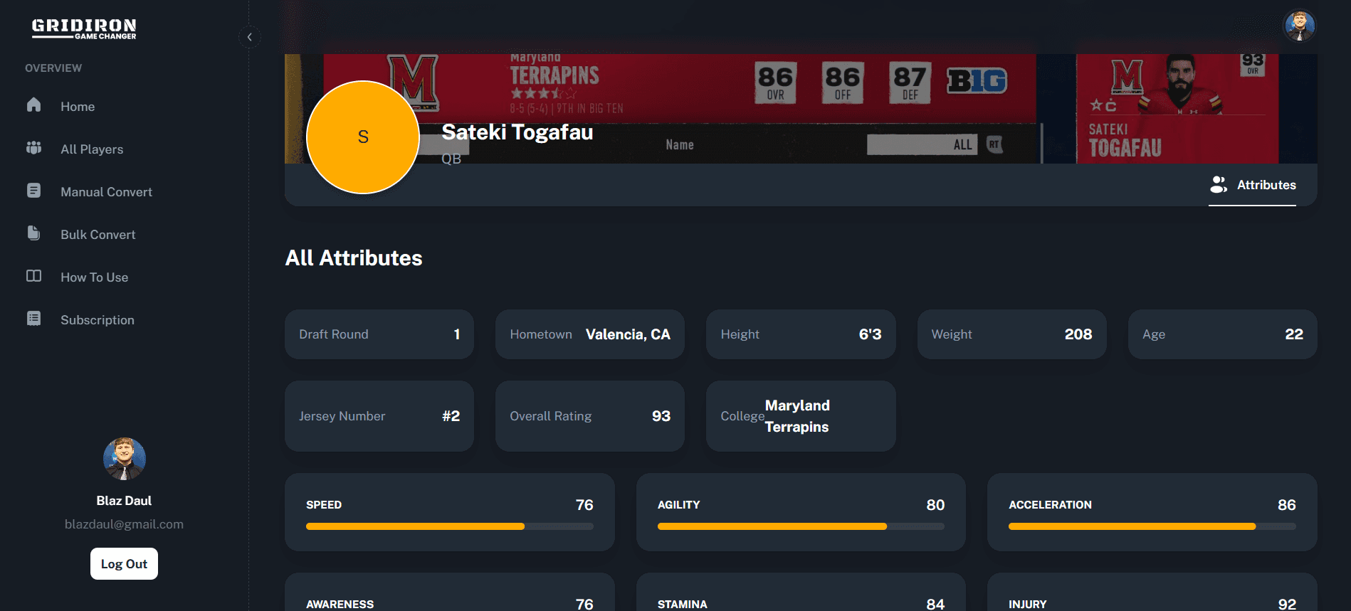 Gridiron Game Changer Player Card