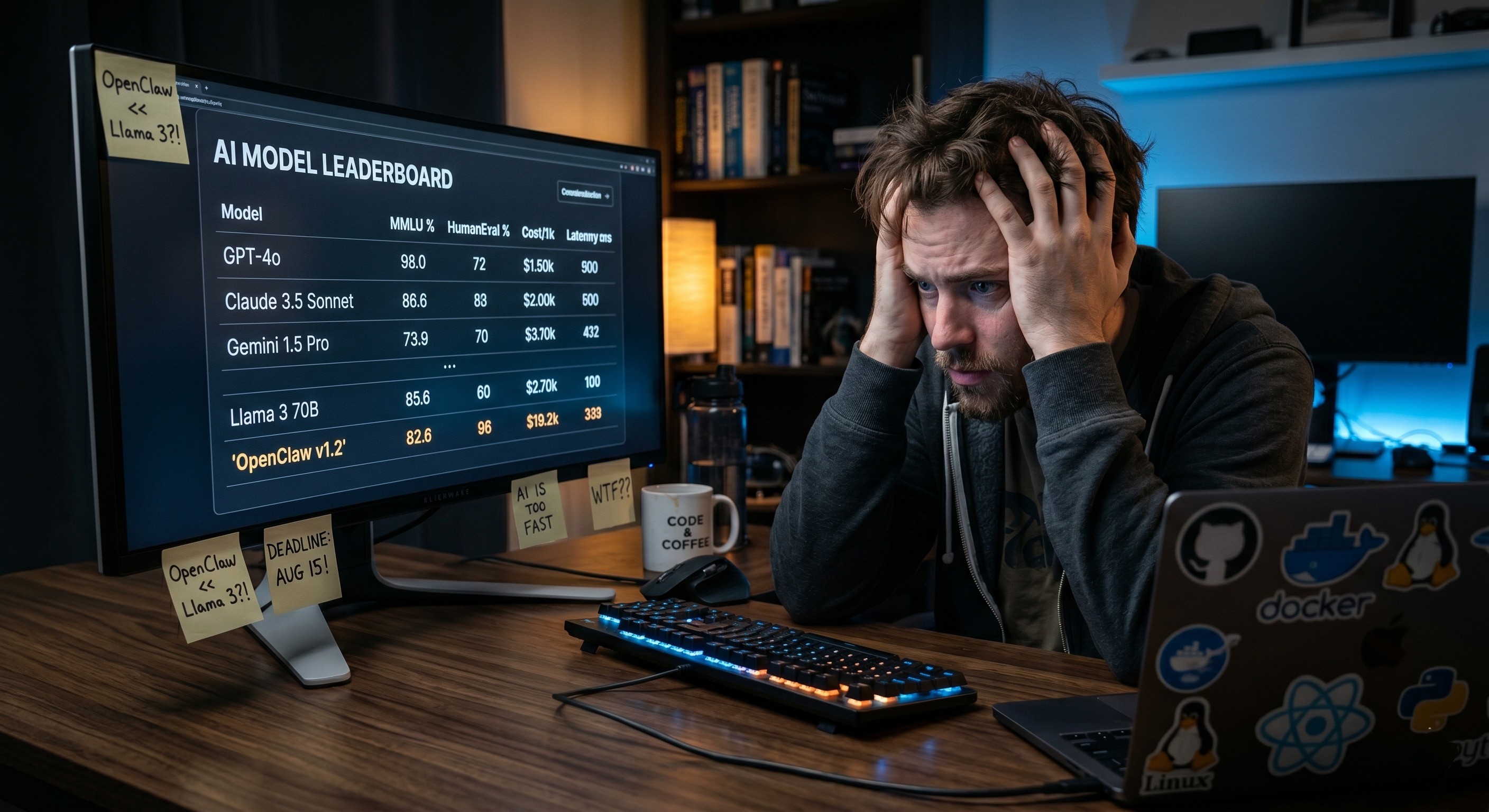 Frustrated software developer gripping his head while staring at an AI model leaderboard on an ultrawide monitor in a dimly lit home office.