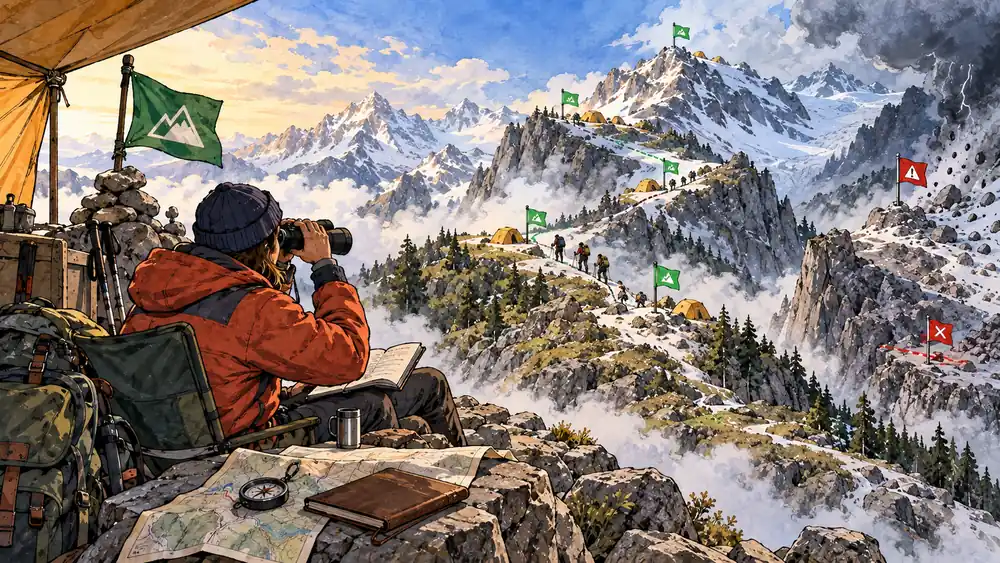 Metaphorical cartoon of a client looking at their SEO specialists, trying to climb to the top