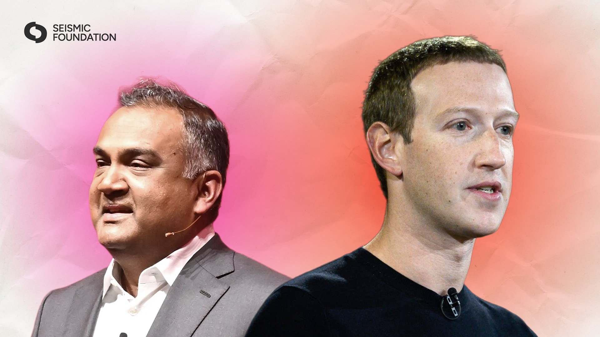 Neal Mohan, CEO of Youtube, and Mark Zuckerberg, CEO of Meta, in a color gradient background
