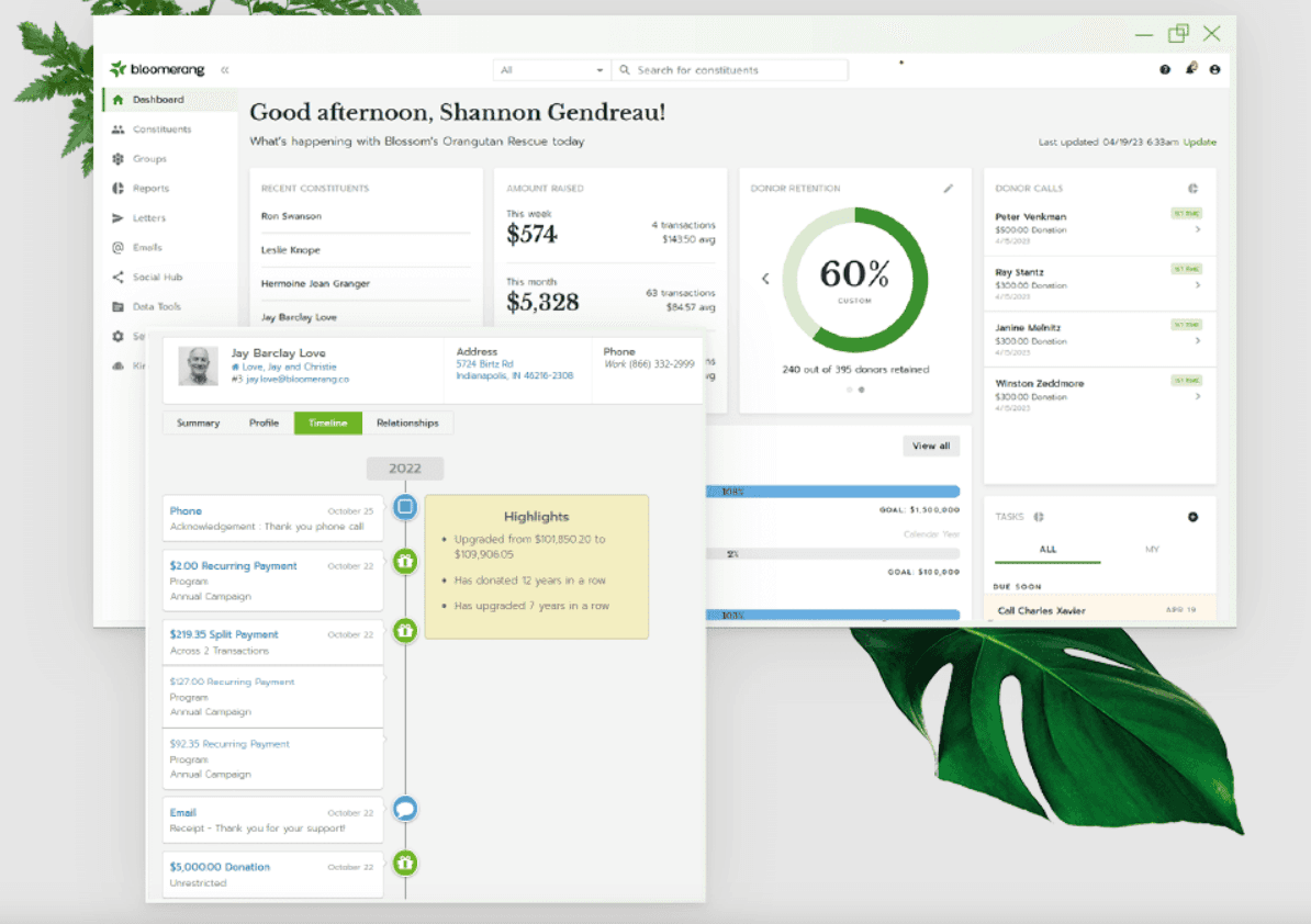 Interface of Bloomerang’s CRM