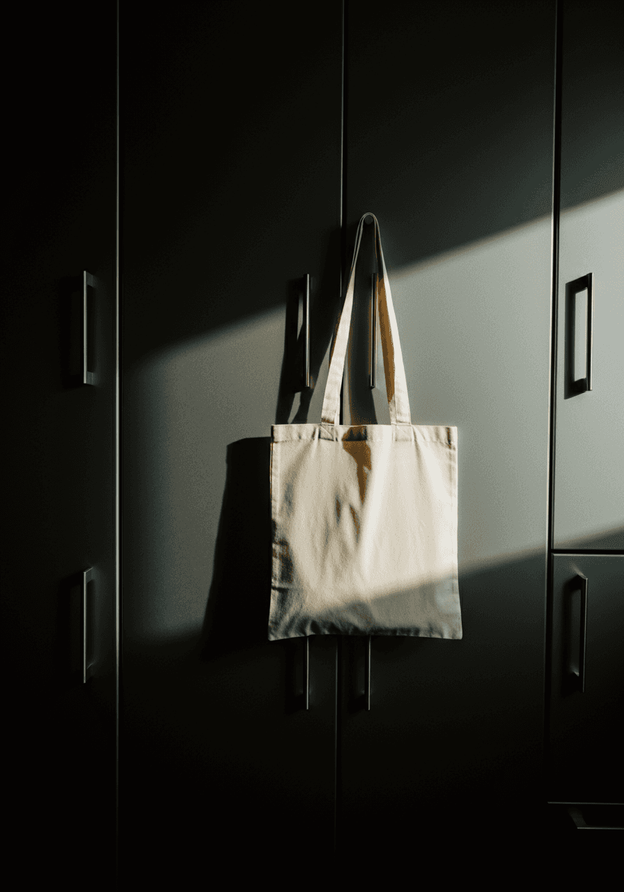 White totebag hanging on a green closet doorhandle.