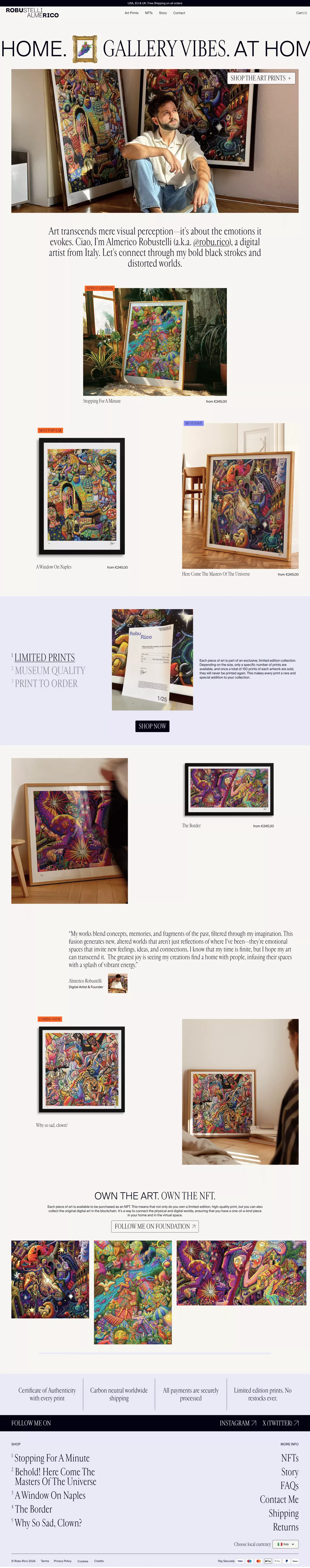 Limited Edition Art Prints & NFTs by Rob portfolio page screenshot showcasing Design and Art design