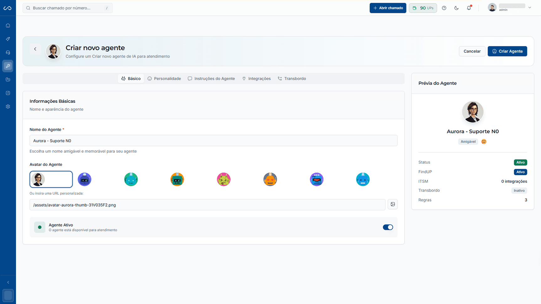 Tela da plataforma FindUP mostrando a criação e personalização de um novo agente de Inteligência Artificial para automação do suporte de TI