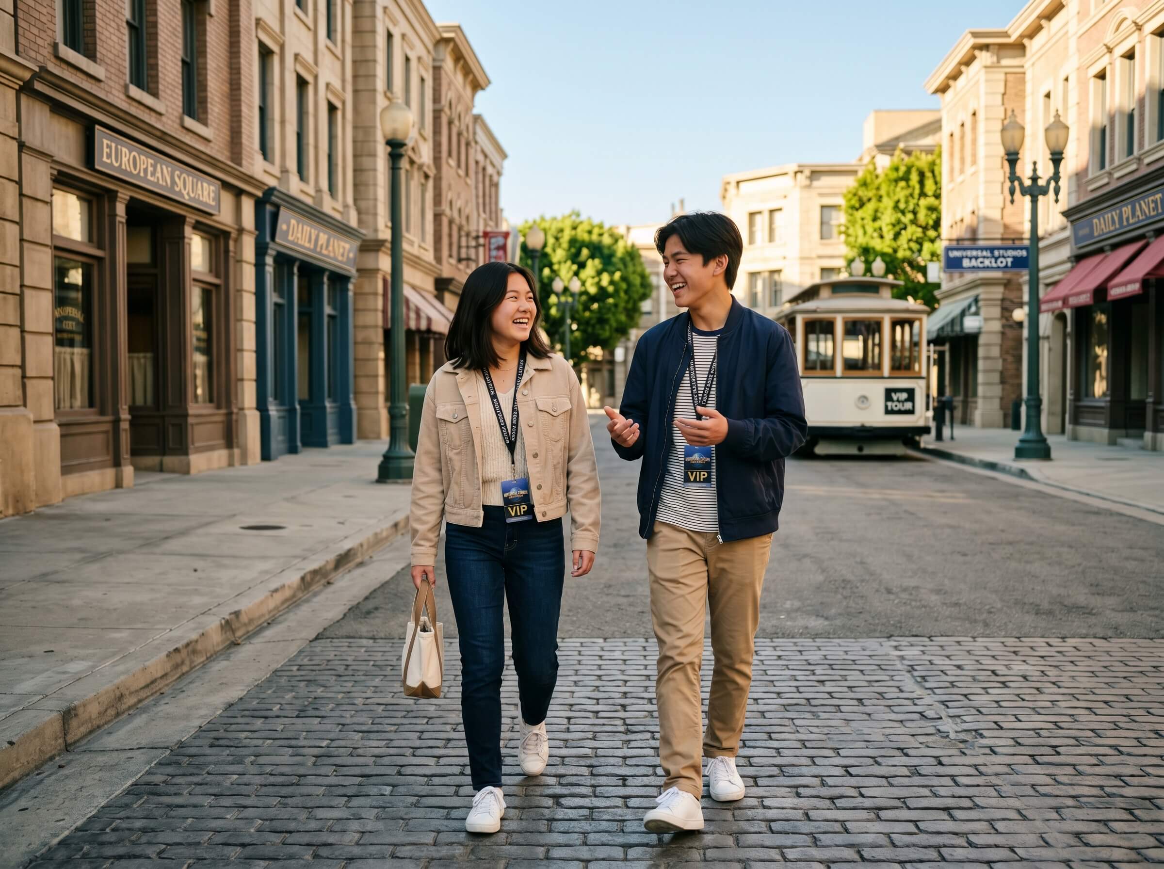 Two people walk along a cobblestone street lined with historic-style buildings, engaged in conversation on a sunny day.
