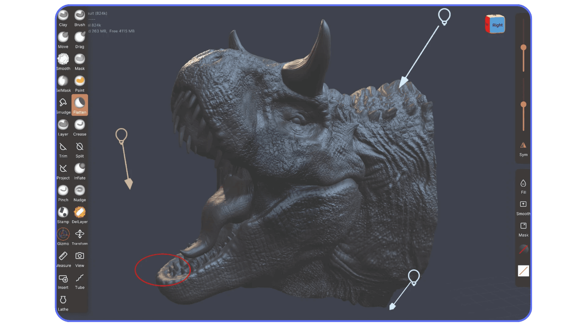 Digital sculpting interface showing a detailed 3D model of a dinosaur head with horns and sharp teeth, using various sculpting tools like Flatten and Smudge on the left panel.