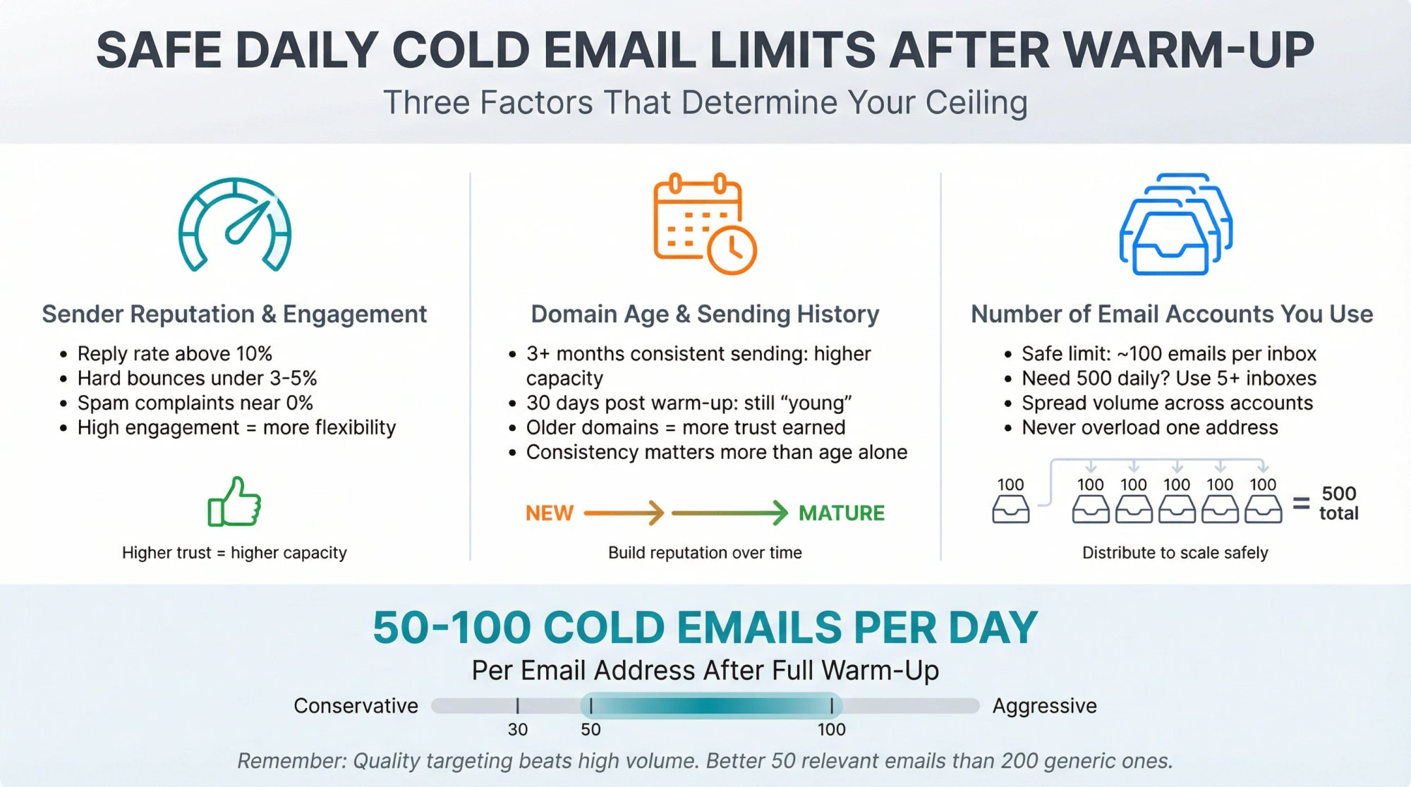Dashboard-style infographic showing three key factors determining safe cold email limits: sender reputation, domain age, and inbox count, with the 50-100 daily benchmark