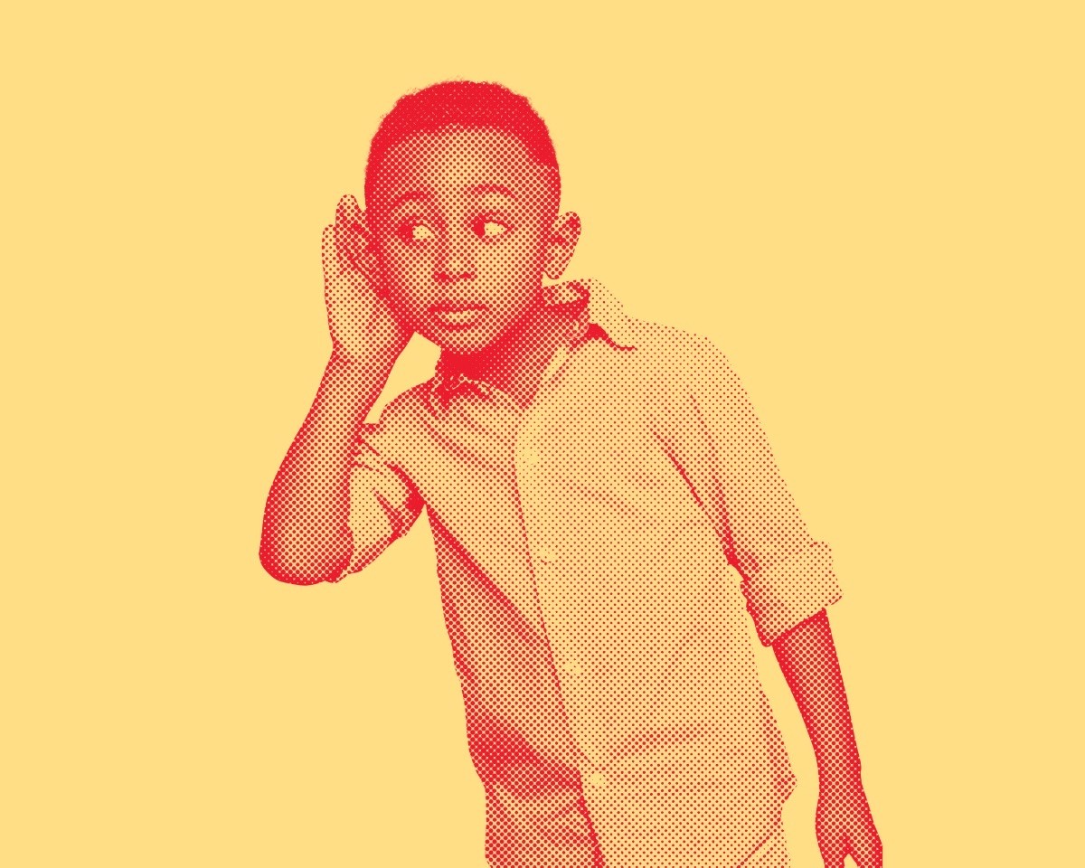 A stylized photo of a child holding his hand up to his ear.