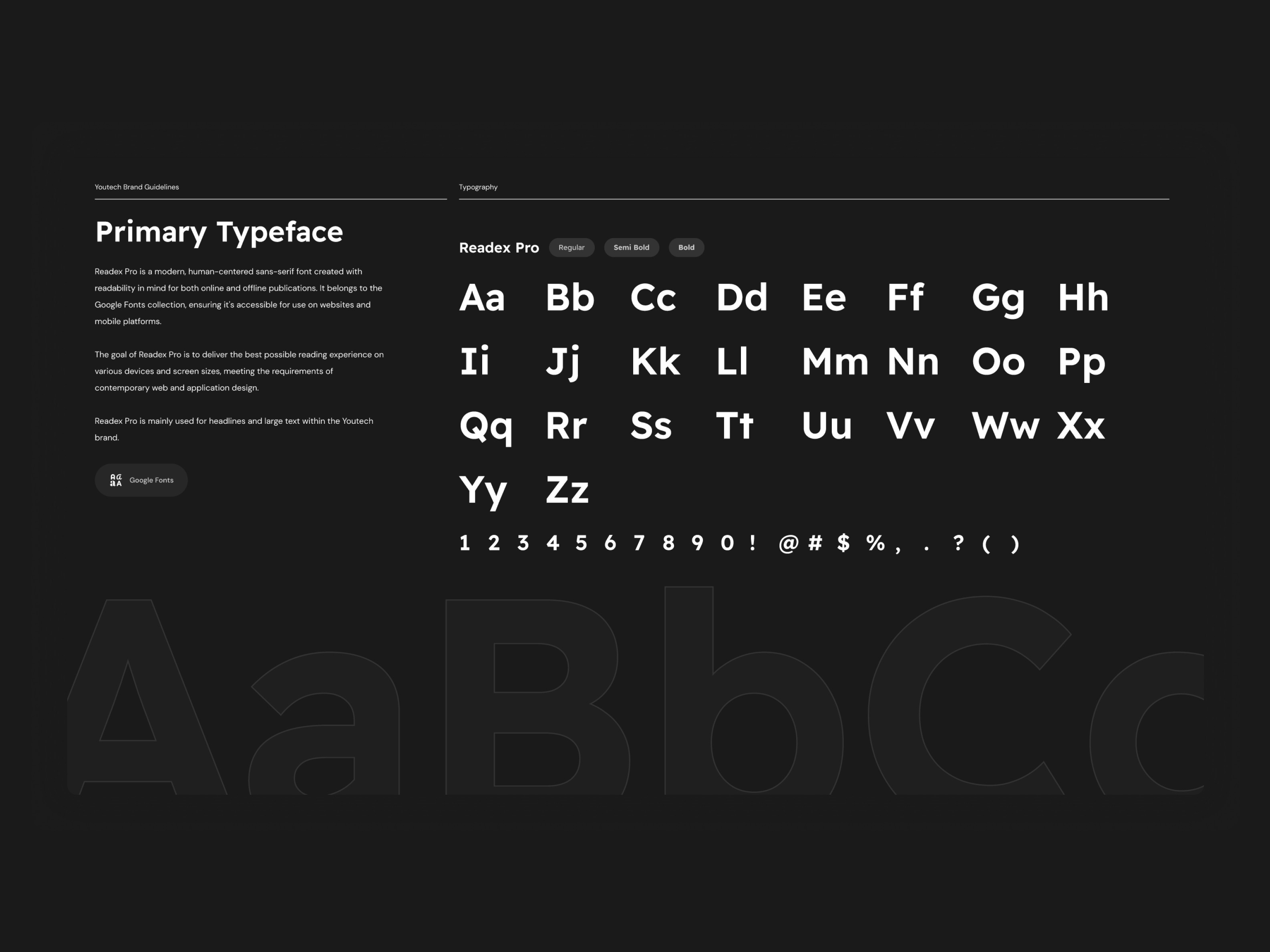 The typeface page of the Youtech brand guidelines