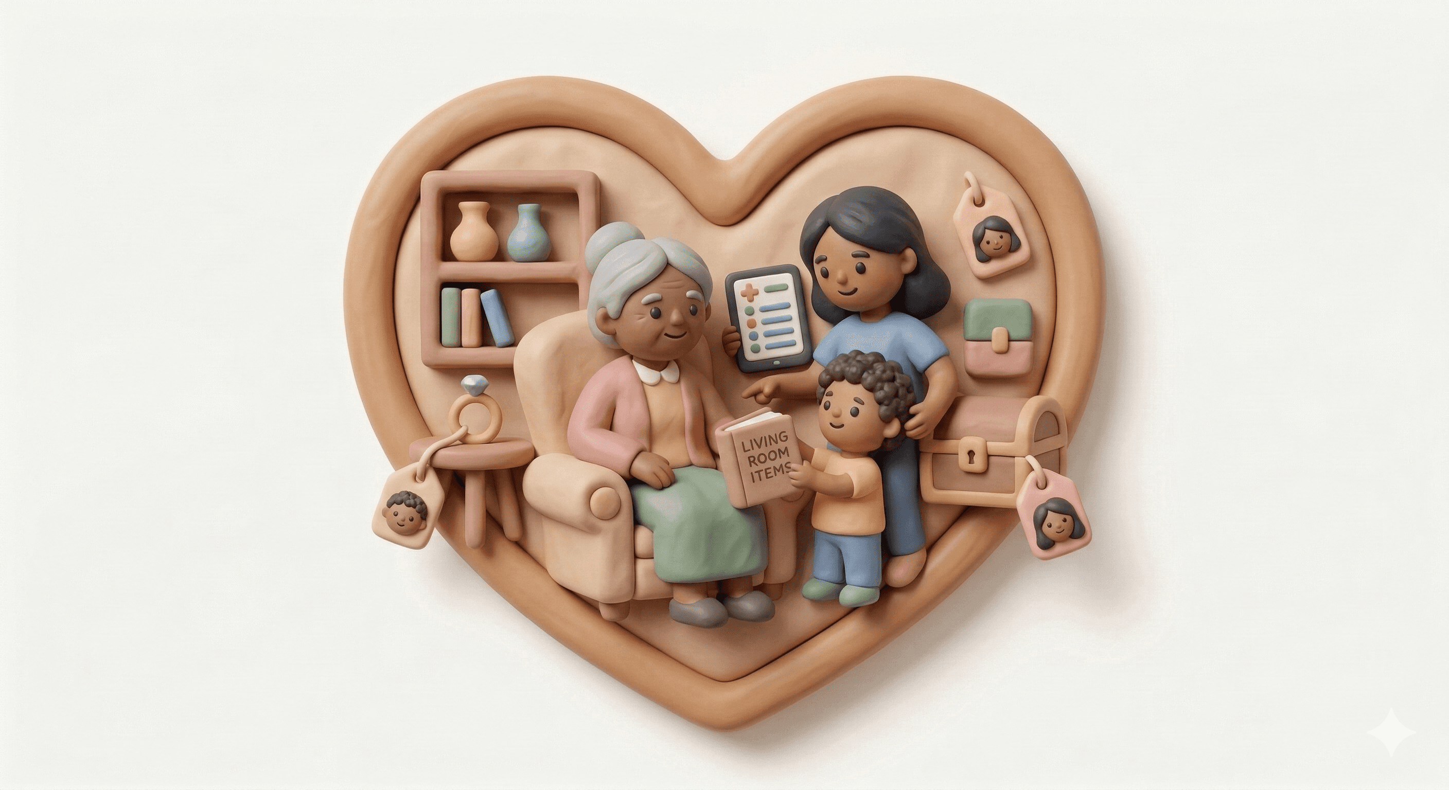 Cartoon woman organizing items into boxes labeled donate, keep, or sell.