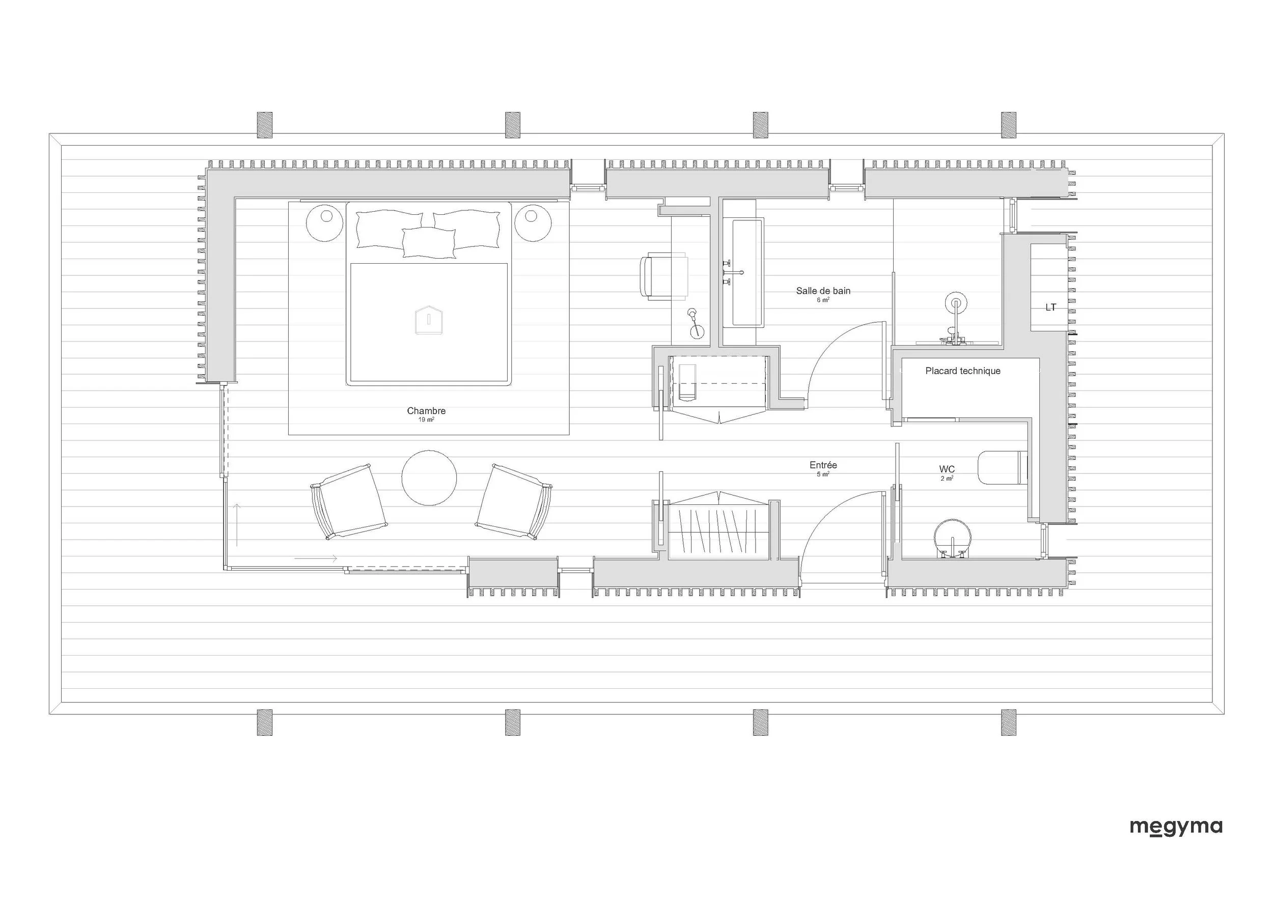 Plan d'aménagement intérieur de l'écolodge Megyma 34 m², chambre et salle de bain