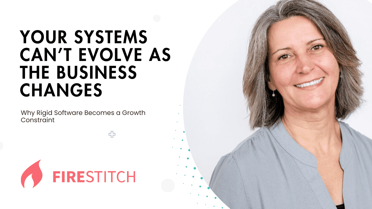 Marketing graphic for Firestitch reading “Your systems can’t evolve as the business changes – Why rigid software becomes a growth constraint,” featuring a smiling business professional on a clean white background with subtle abstract design elements.